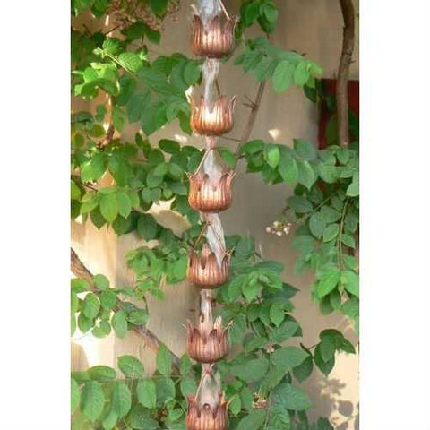 Image of Copper 8.5 Ft Flower Cups Rain Chain Gutter Rainwater Downspout