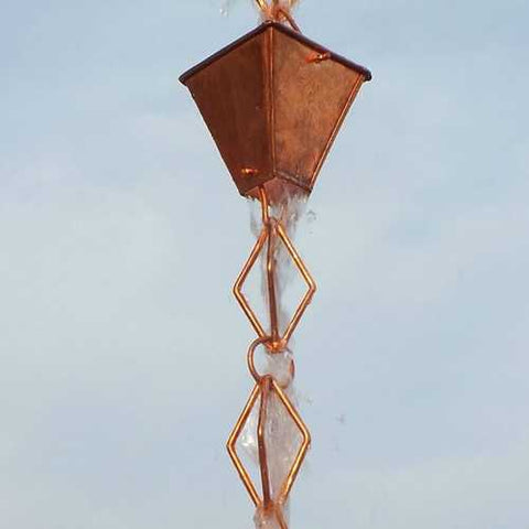 Image of Pure Copper 8.5 Ft Rain Chain with Pyramid Square Cups and Diamond Link Chain