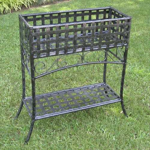 Image of Elevated Rectangular Metal Planter Stand in Black Wrought Iron