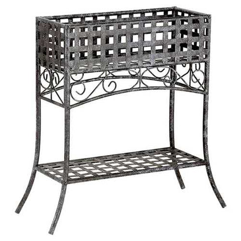 Image of Elevated Rectangular Metal Planter Stand in Black Wrought Iron