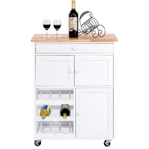 Image of Mobile Kitchen Island Cart Cabinet with Wine Rack in White