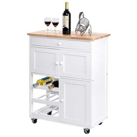 Image of Mobile Kitchen Island Cart Cabinet with Wine Rack in White