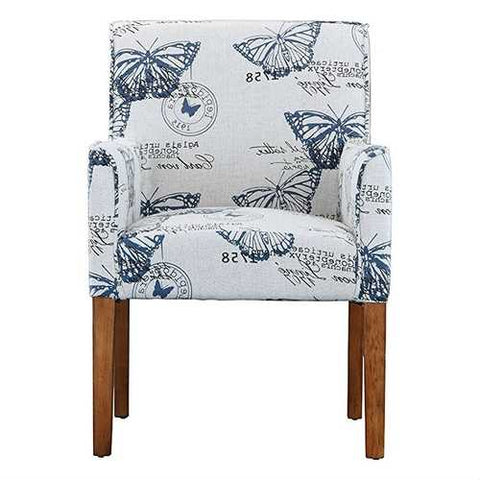 Image of Modern Linen Upholstered Armchair with Blue Butterfly Pattern and Wood Legs