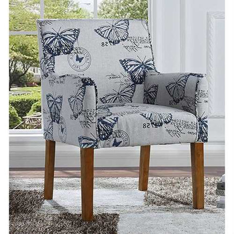 Image of Modern Linen Upholstered Armchair with Blue Butterfly Pattern and Wood Legs