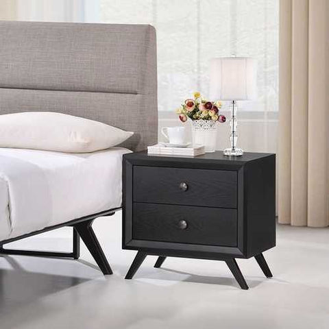 Image of Modern Mid-Century Style Nightstand End Table in Black Wood Finish