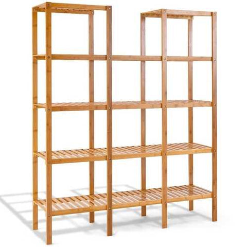 Image of Bamboo Wood 4-Shelf Bookcase Plant Stand Shelving Unit