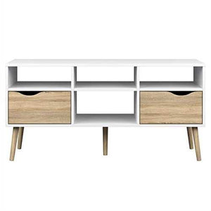 Modern White Natural Oak TV Stand with Mid-Century Style Wood Legs