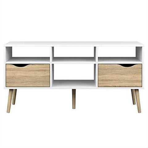 Image of Modern White Natural Oak TV Stand with Mid-Century Style Wood Legs