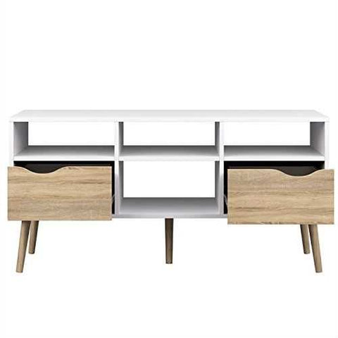 Image of Modern White Natural Oak TV Stand with Mid-Century Style Wood Legs