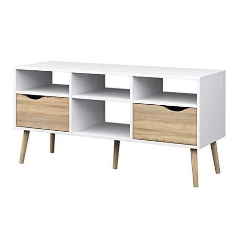 Image of Modern White Natural Oak TV Stand with Mid-Century Style Wood Legs