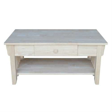 Image of Unfinished Solid Wood Coffee Table Drawer and Shelf