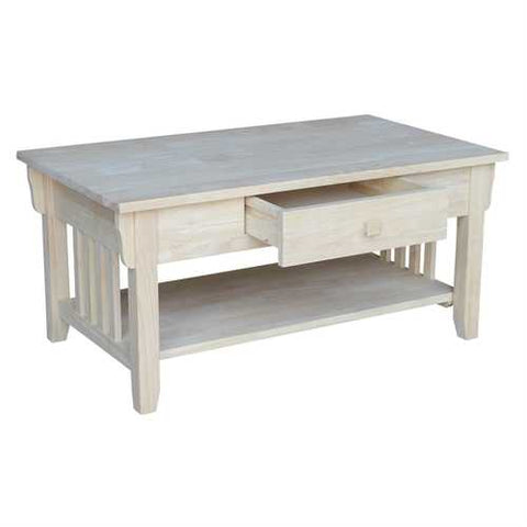 Image of Unfinished Solid Wood Coffee Table Drawer and Shelf