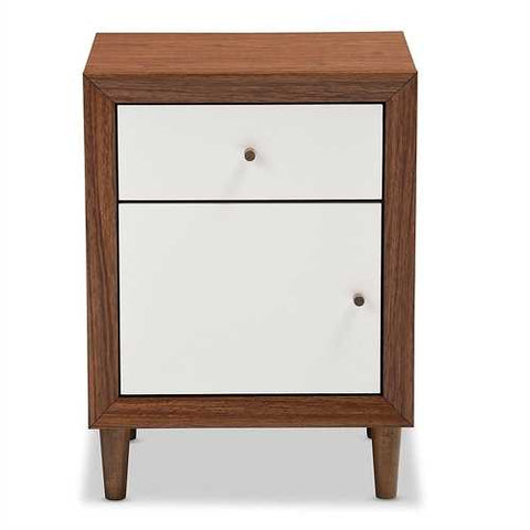 Image of Modern Mid Century Style End Table Nightstand in White and Walnut Finish