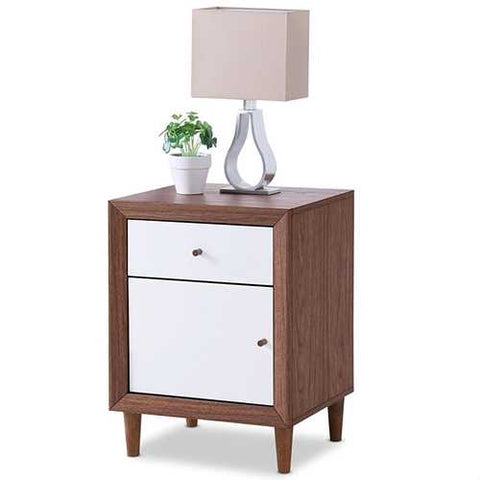 Image of Modern Mid Century Style End Table Nightstand in White and Walnut Finish