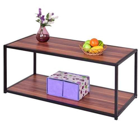 Image of Modern Classic Metal and Wood Coffee Table with Bottom Shelf