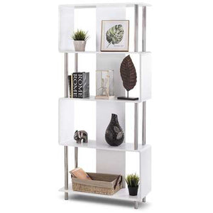 Modern 4-Shelf Metal Frame Bookcase in White Wood Finish