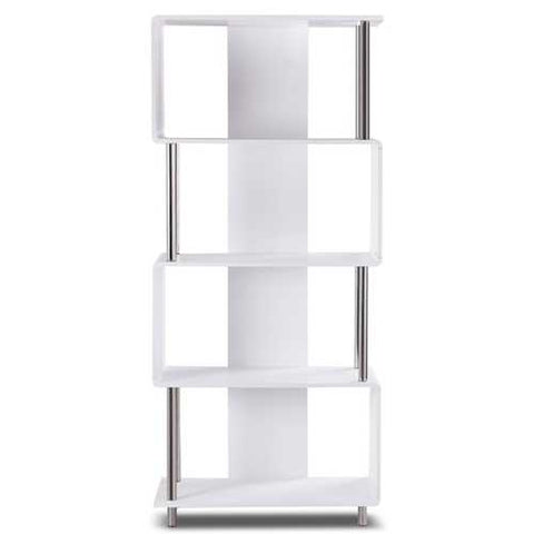 Image of Modern 4-Shelf Metal Frame Bookcase in White Wood Finish