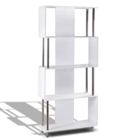 Image of Modern 4-Shelf Metal Frame Bookcase in White Wood Finish