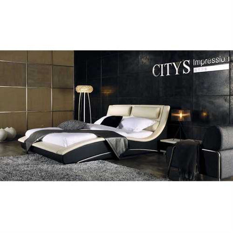 Image of King size Modern Cream Black Faux Leather Upholstered Platform Bed with Headboard