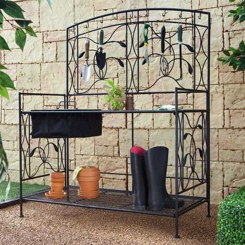 Image of Black Metal Potting Bench with Wrought Iron Vine Details and Fabric Potting Sink