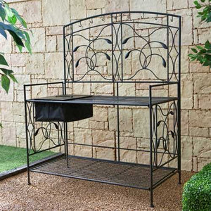 Black Metal Potting Bench with Wrought Iron Vine Details and Fabric Potting Sink