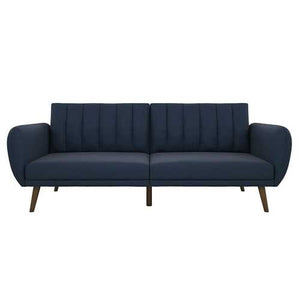 Modern Navy Blue Linen Upholstered Sofa Bed Futon with Mid-Century Style Wood Legs