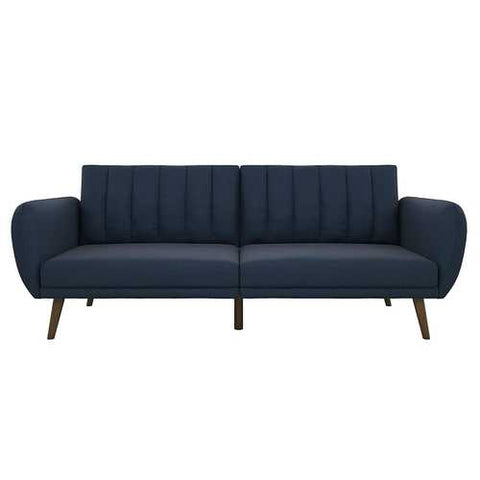 Image of Modern Navy Blue Linen Upholstered Sofa Bed Futon with Mid-Century Style Wood Legs