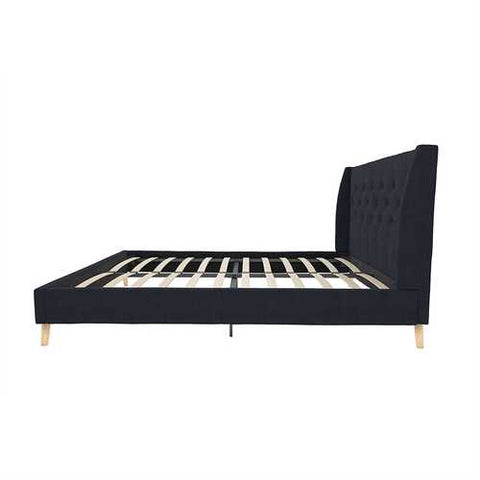 Image of Queen Navy Blue Linen Upholstered Mid-Century Platform Bed with Wingback Headboard