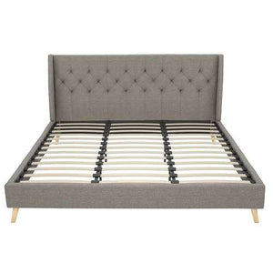 King Grey Linen Upholstered Wing-Back Platform Bed Mid-Century Style