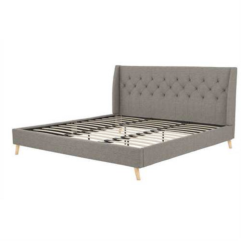 Image of King Grey Linen Upholstered Wing-Back Platform Bed Mid-Century Style