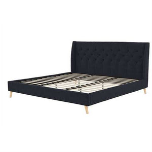 King Mid-Century Style Navy Blue Linen Upholstered Wingback Platform Bed