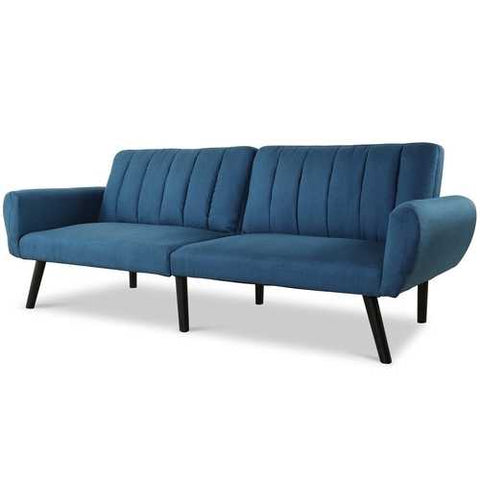 Image of Modern Mid-Century Navy Blue Linen Futon Sofa Bed Couch