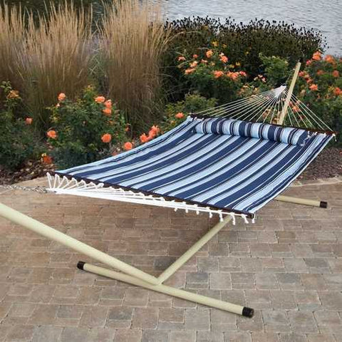 Image of Blue Navy Stripe Quilted 13-Ft Hammock with Heavy Duty Bronze Metal Stand