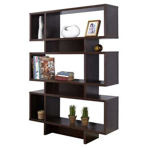 Image of Modern 63-inch high Bookcase Geometric  Display Shelf in Espresso Wood Finish