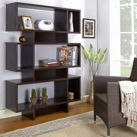 Image of Modern 63-inch high Bookcase Geometric  Display Shelf in Espresso Wood Finish