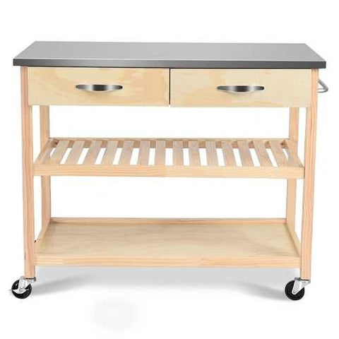 Image of Natural Wood Modern Kitchen Island Cart with Stainless Steel Top