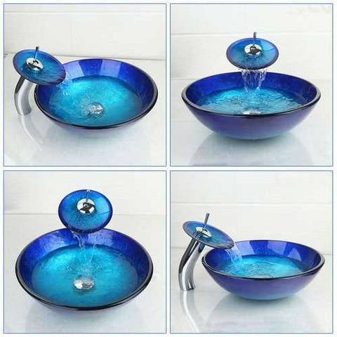 Image of Modern Blue Glass Bathroom Vessel Sink and Faucet with Chrome Drain