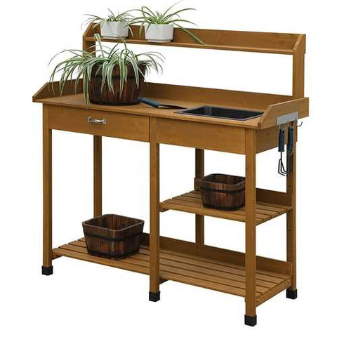 Image of Outdoor Garden Wood Potting Bench Work Table with Sink in Light Oak Finish