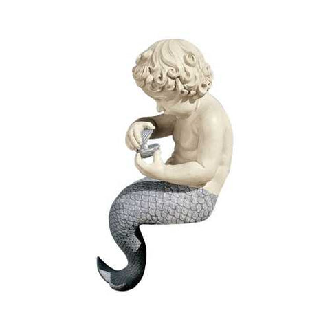 Image of Young Little Sitting Mermaid Garden Statue with Oyster and Pearl