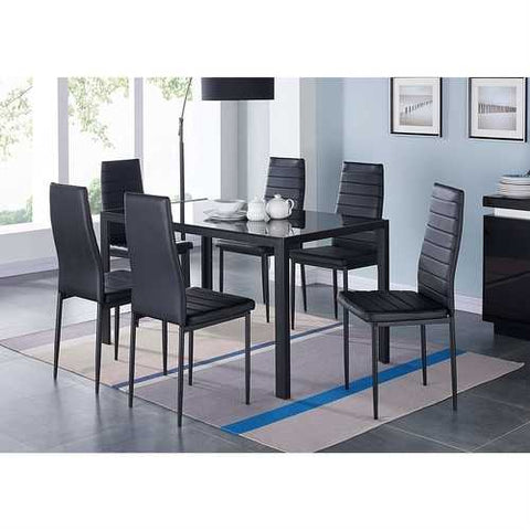 Image of Modern 7-Piece Dining Set with Glass Top Table and 6 Chairs in Black