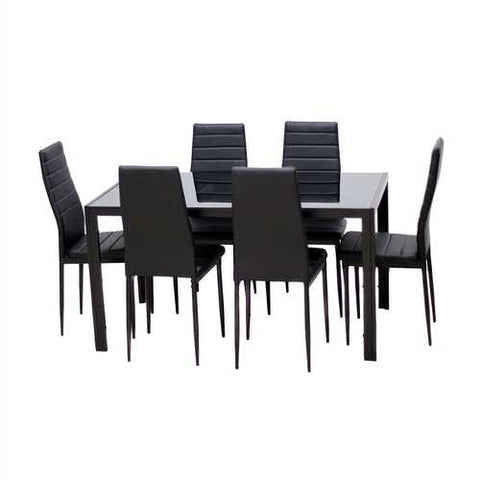 Image of Modern 7-Piece Dining Set with Glass Top Table and 6 Chairs in Black