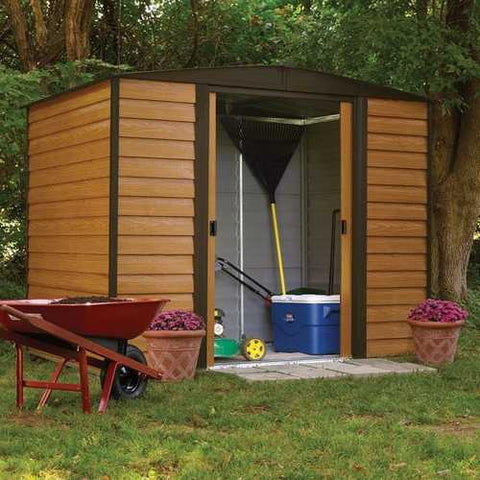 Image of Outdoor 6-ft x 5-ft Steel Storage Shed with Woodgrain Pattern Siding