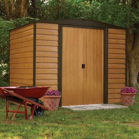 Image of Outdoor 6-ft x 5-ft Steel Storage Shed with Woodgrain Pattern Siding