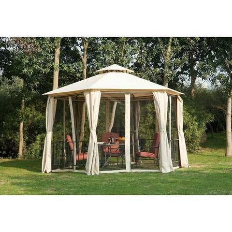 Image of Outdoor Patio Hexagon Gazebo with Beige Canopy and Mesh Curtains