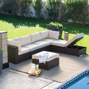 Outdoor Wicker Resin 6-Piece Sectional Sofa Patio Furniture Conversation Set with Tan Stripe Cushions