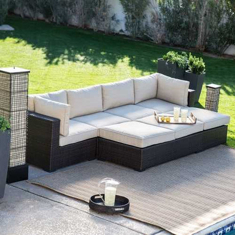 Image of Outdoor Wicker Resin 6-Piece Sectional Sofa Patio Furniture Conversation Set with Tan Stripe Cushions