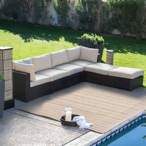 Image of Outdoor Wicker Resin 6-Piece Sectional Sofa Patio Furniture Conversation Set with Tan Stripe Cushions