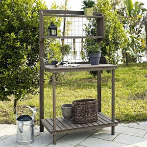 Dark Brown Wood Potting Bench Garden Planting Table with Bottom Shelf