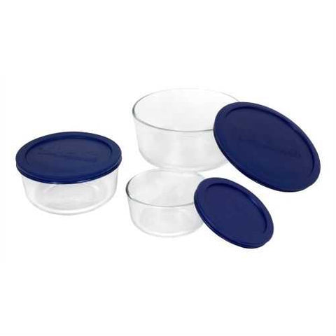 Image of 6-Piece Round Glass Food Storage Set with Blue Lids - Made in USA