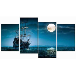 Full Moon Ocean Ship 4-Panel Seascape Framed Canvas Wall Art